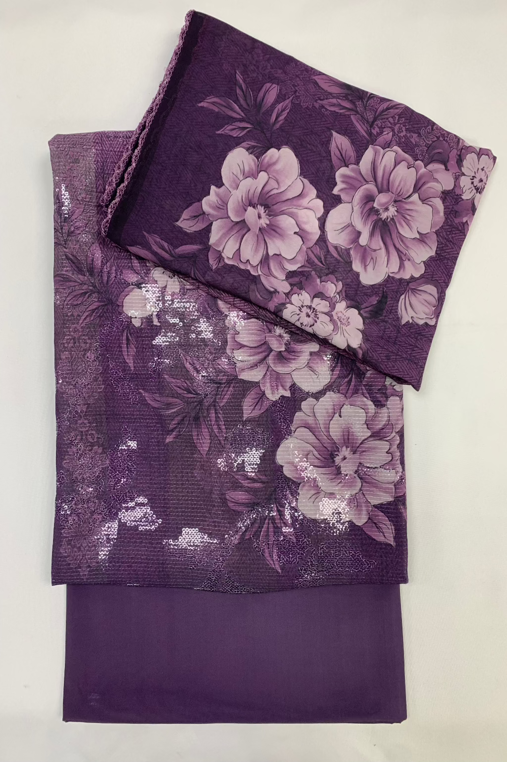 156 Unstitched Ladies Flowers Printed Sequin 3pc Suit