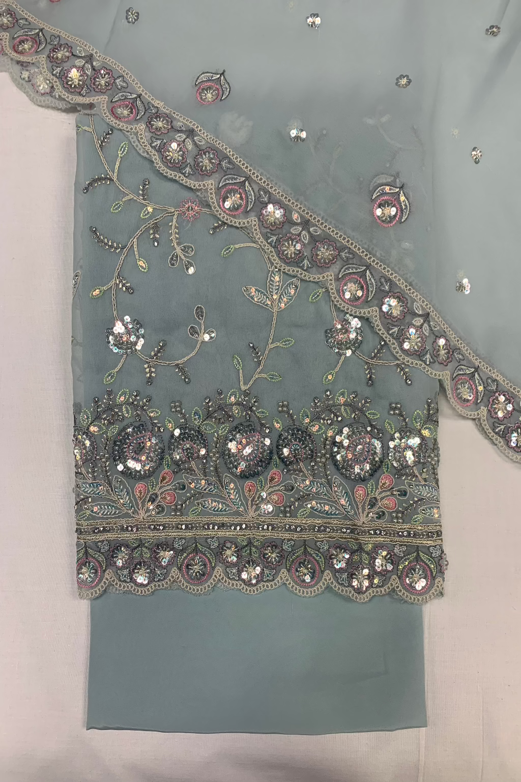 5643 Floral Embroidery Sequin Chiffon 4pc Unstitched Suit
