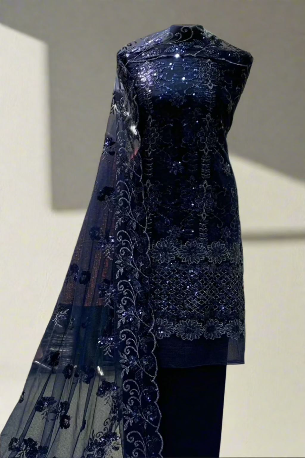 D26 Floral Sequin Embroidery Net 4pc Unstitched Suit