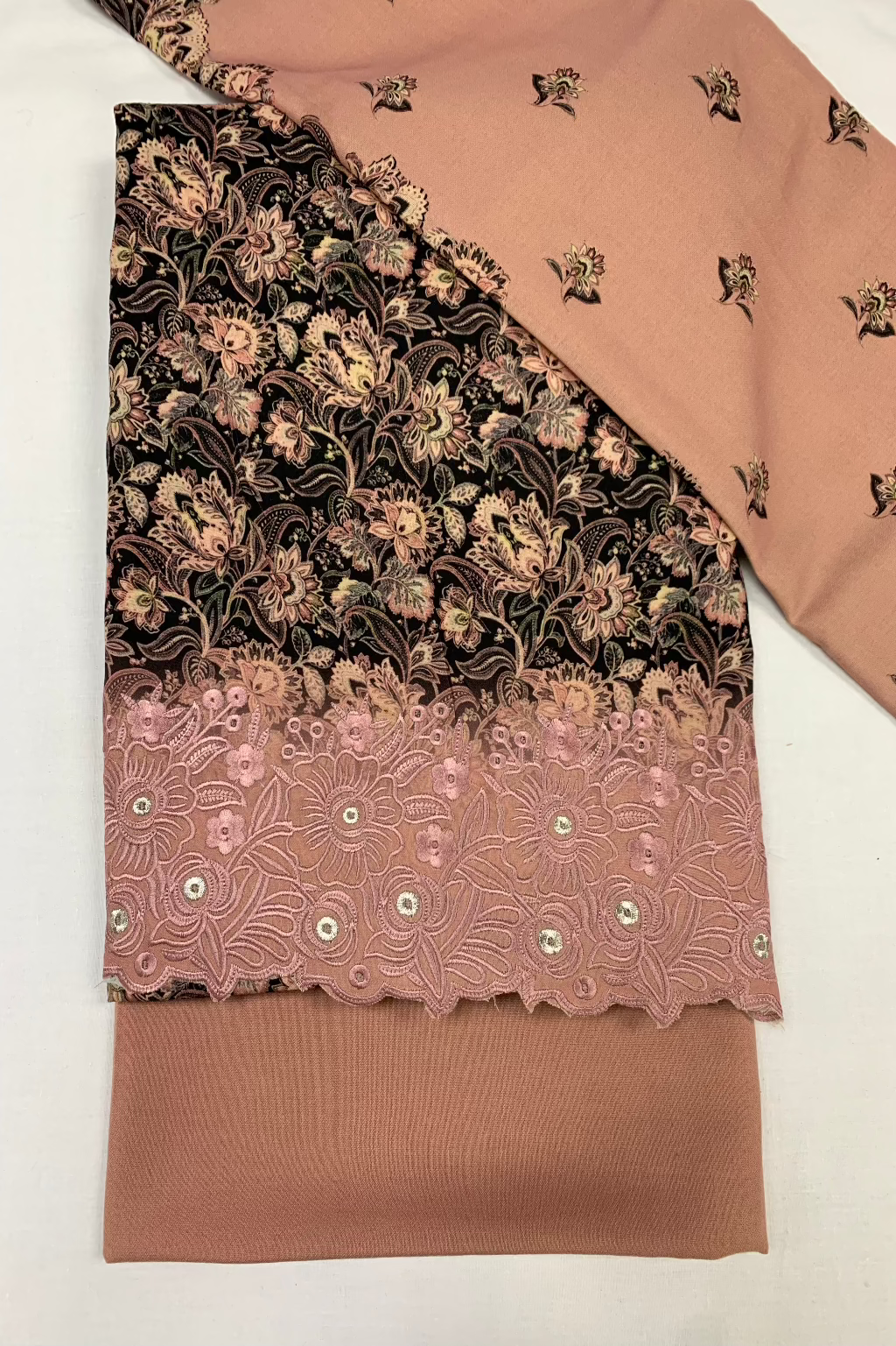141 Floral Print Alpine 3pc Warm Unstitched Suit with Embroidered Border