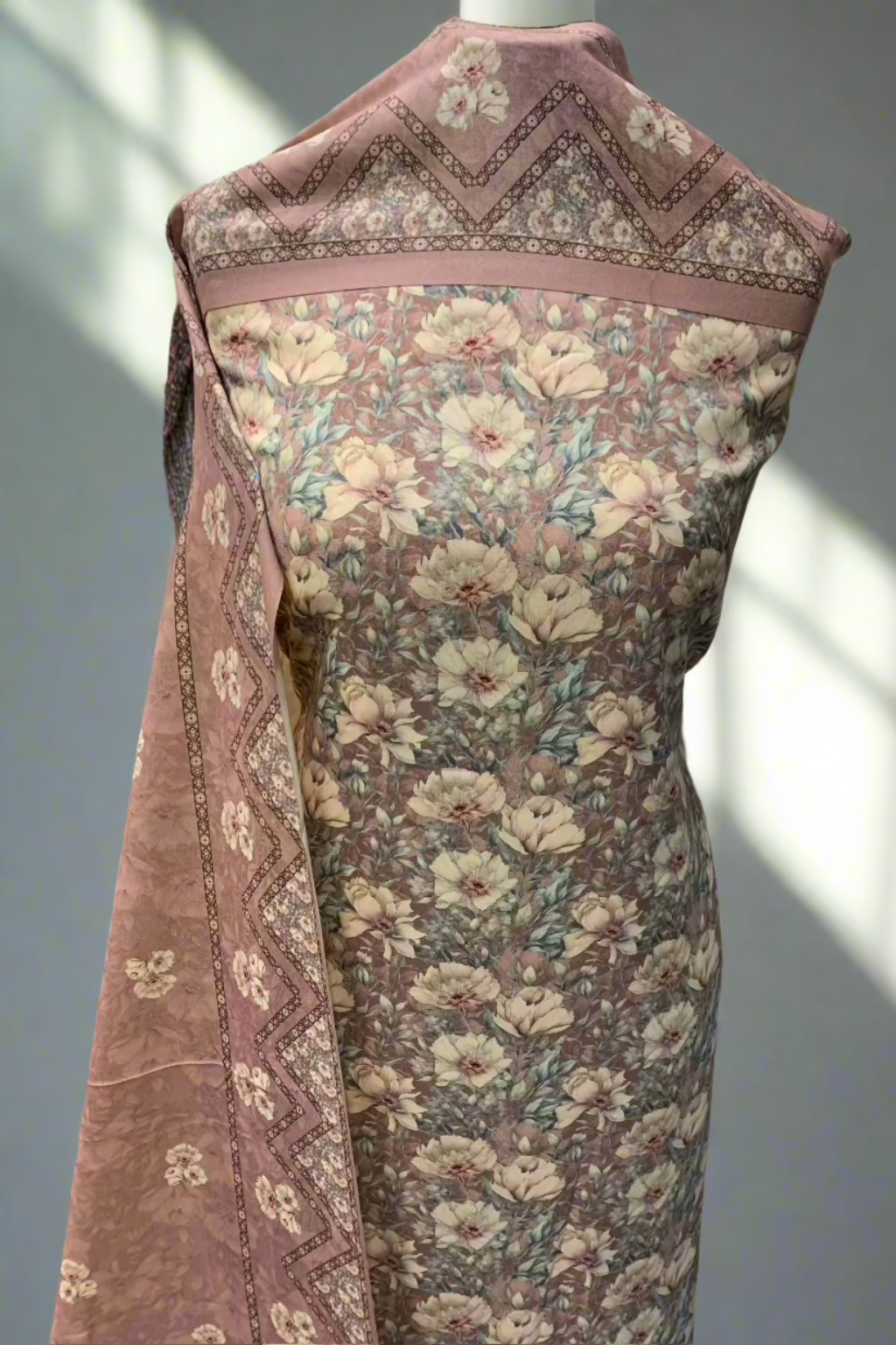 146 Floral Print Alpine 3pc Warm Unstitched Suit with Embroidered Border