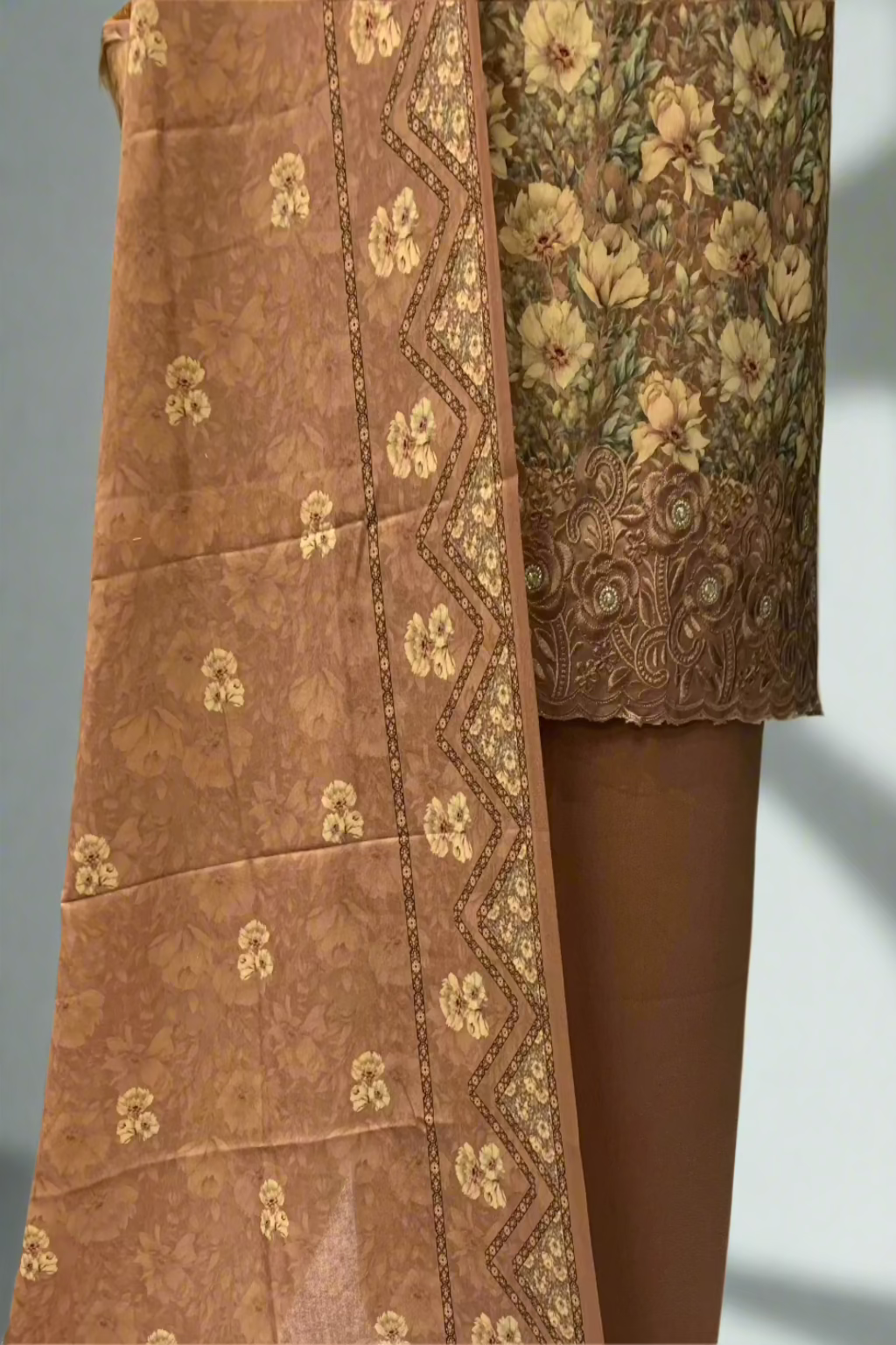 146 Floral Print Alpine 3pc Warm Unstitched Suit with Embroidered Border