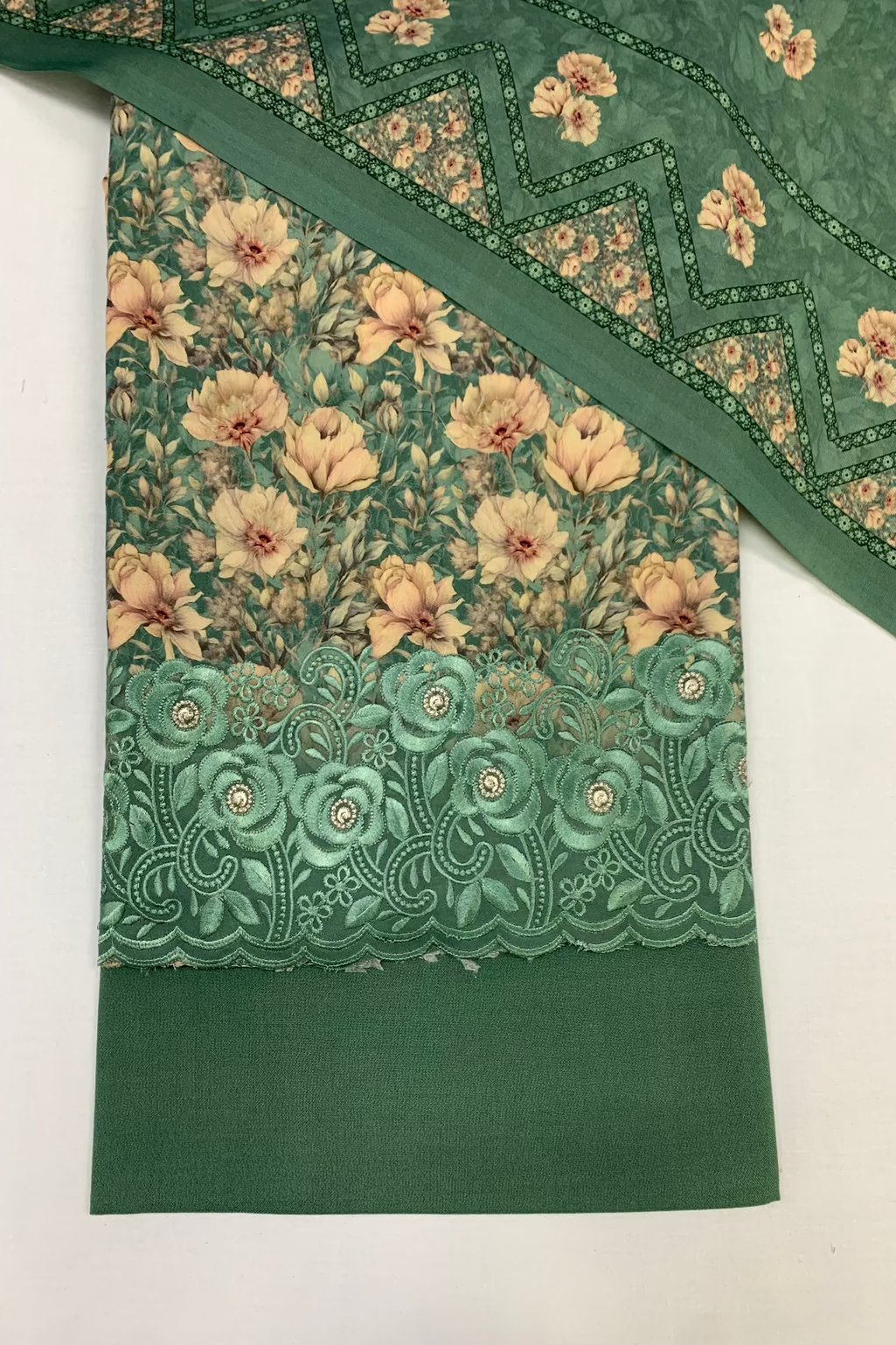 146 Floral Print Alpine 3pc Warm Unstitched Suit with Embroidered Border