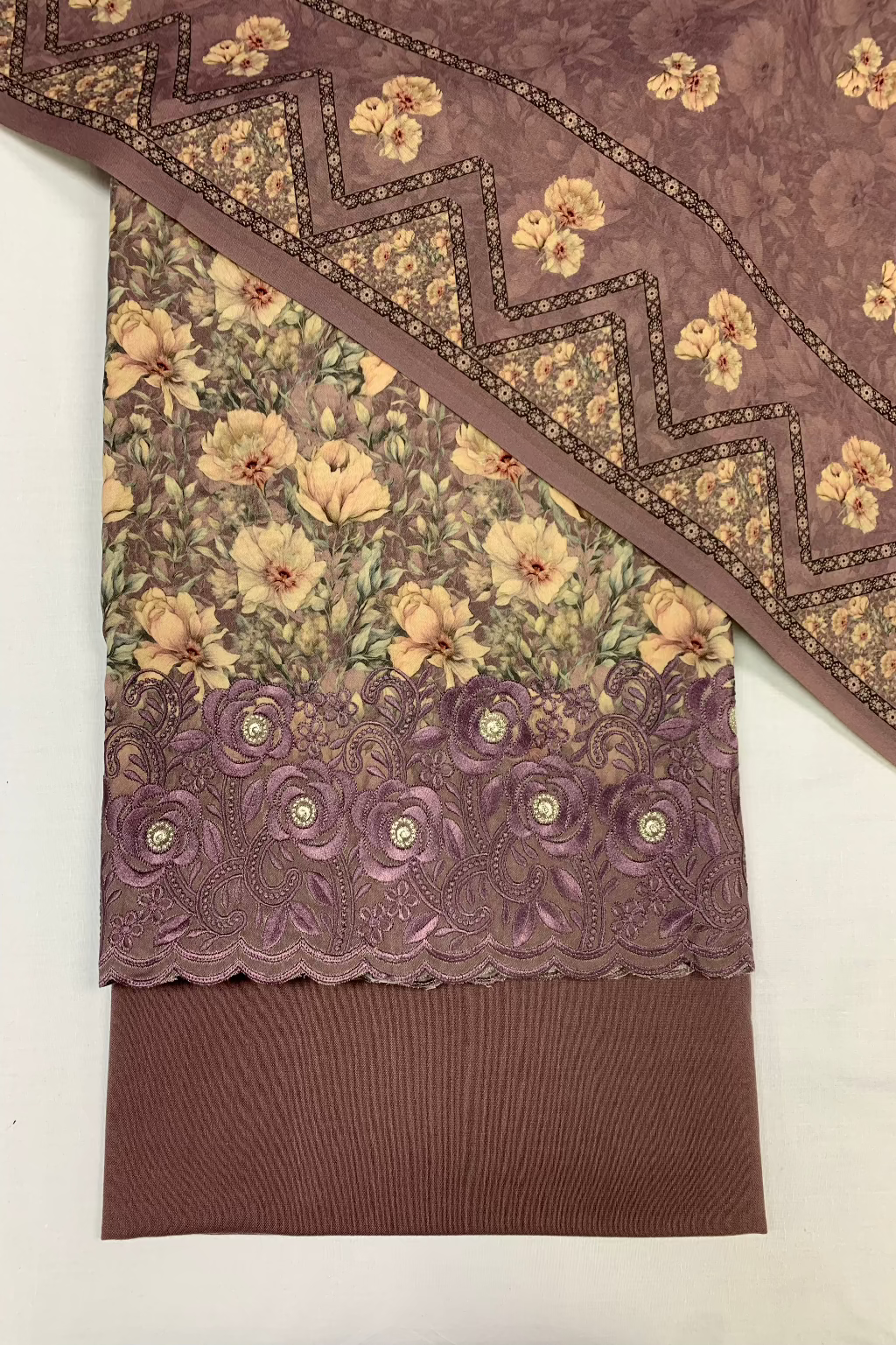 146 Floral Print Alpine 3pc Warm Unstitched Suit with Embroidered Border