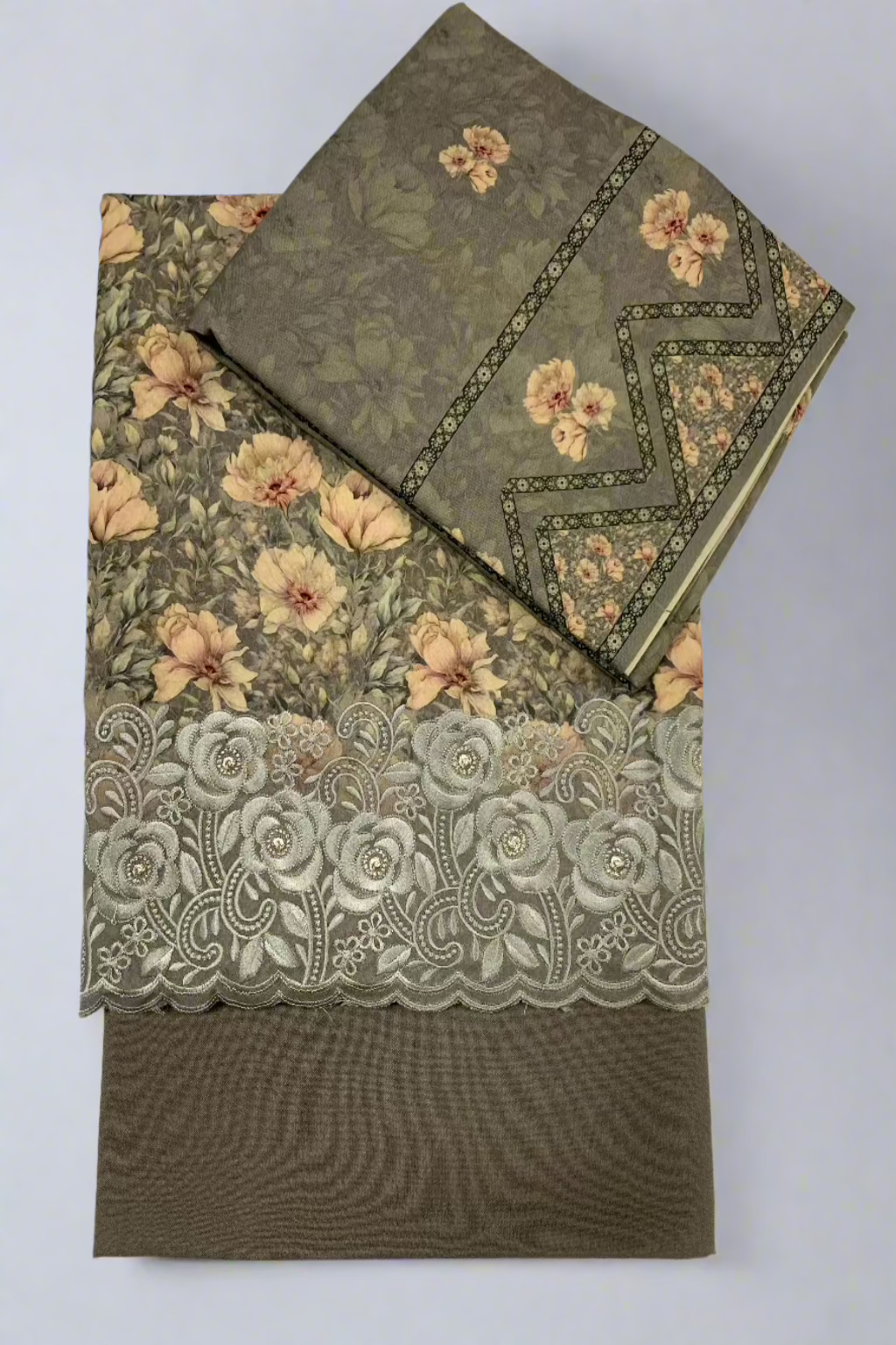 146 Floral Print Alpine 3pc Warm Unstitched Suit with Embroidered Border