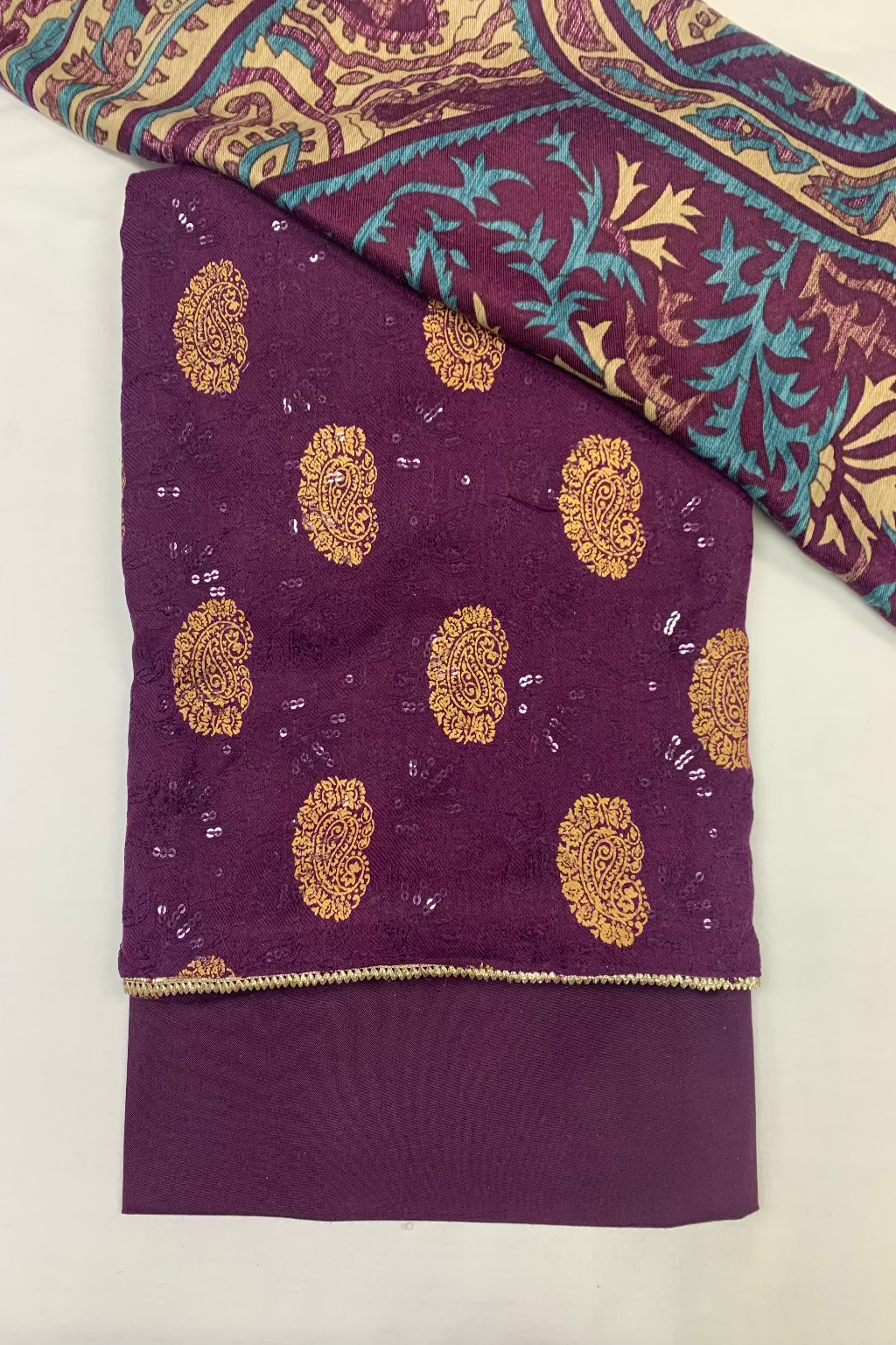 1265 Paisley Print Sequin Alpine 3pc Warm Unstitched Suit