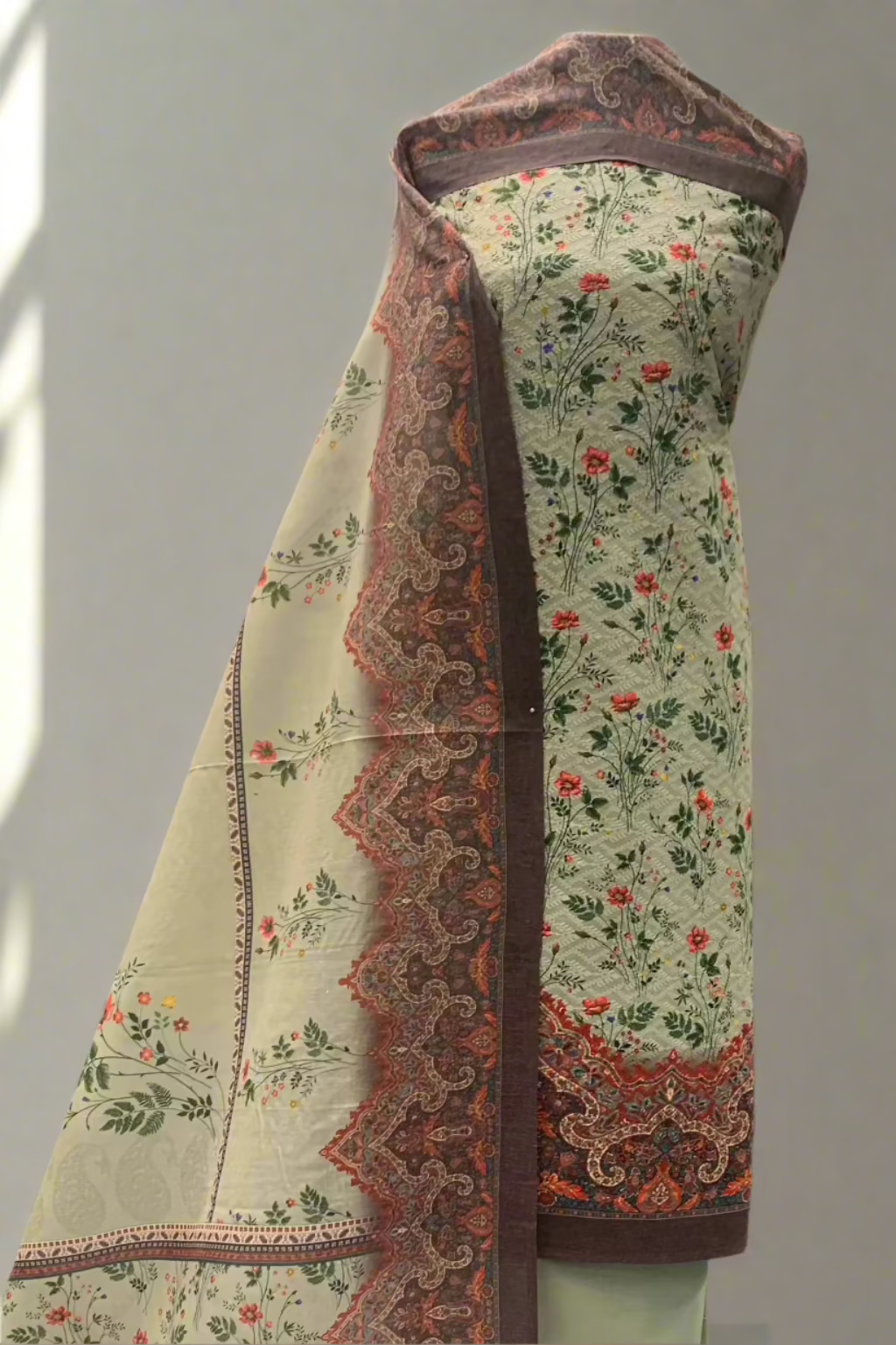 9440 Floral Printed Cotton 3pc Unstitched Suit with Embroidery