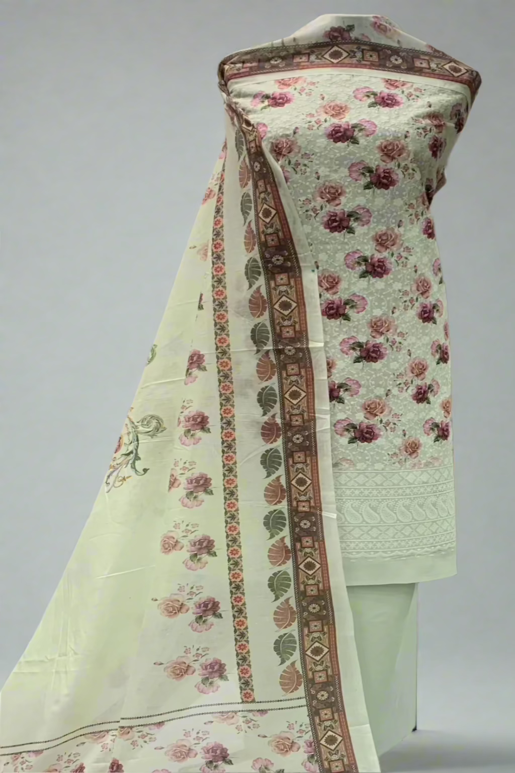 9434 Flower Printed Cotton 3pc Unstitched Suit with Embroidery