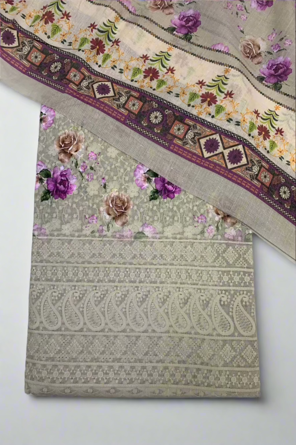 9434 Flower Printed Cotton 3pc Unstitched Suit with Embroidery