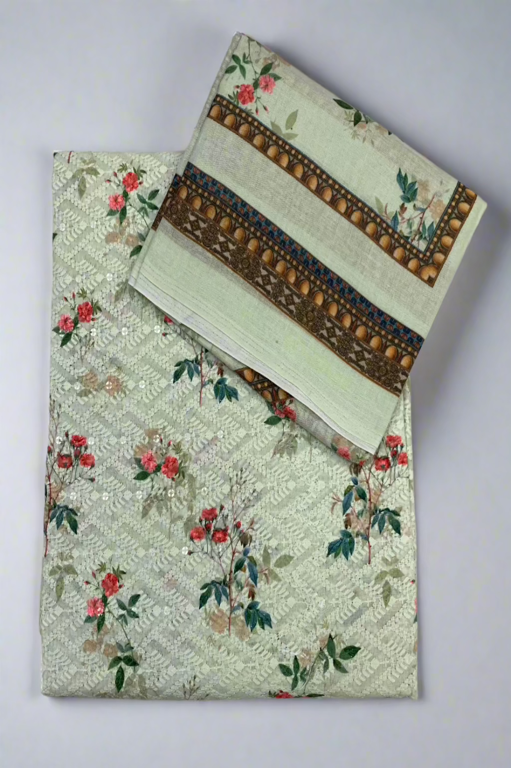 9466 Floral Print Embroidery Cotton 3pc Unstitched Suit
