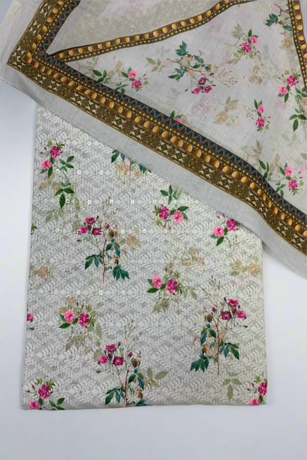 9466 Floral Print Embroidery Cotton 3pc Unstitched Suit