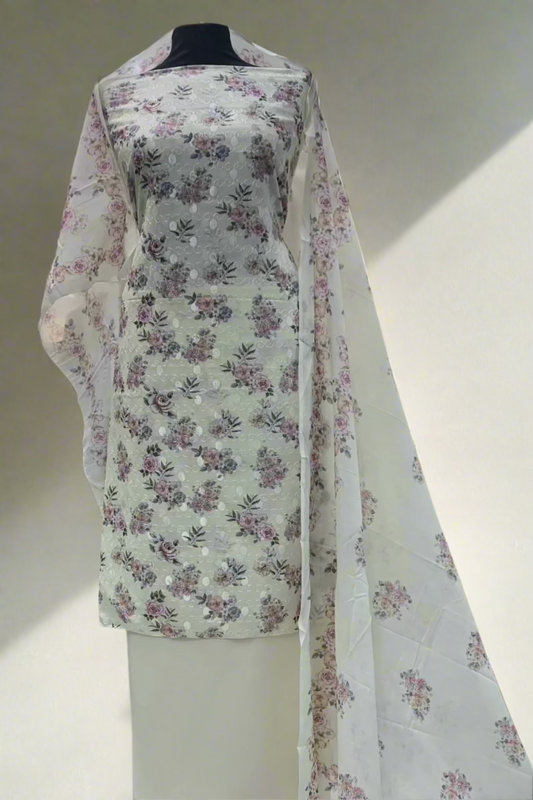 124 Floral Print Embroidery Cotton 3pc Unstitched Suit