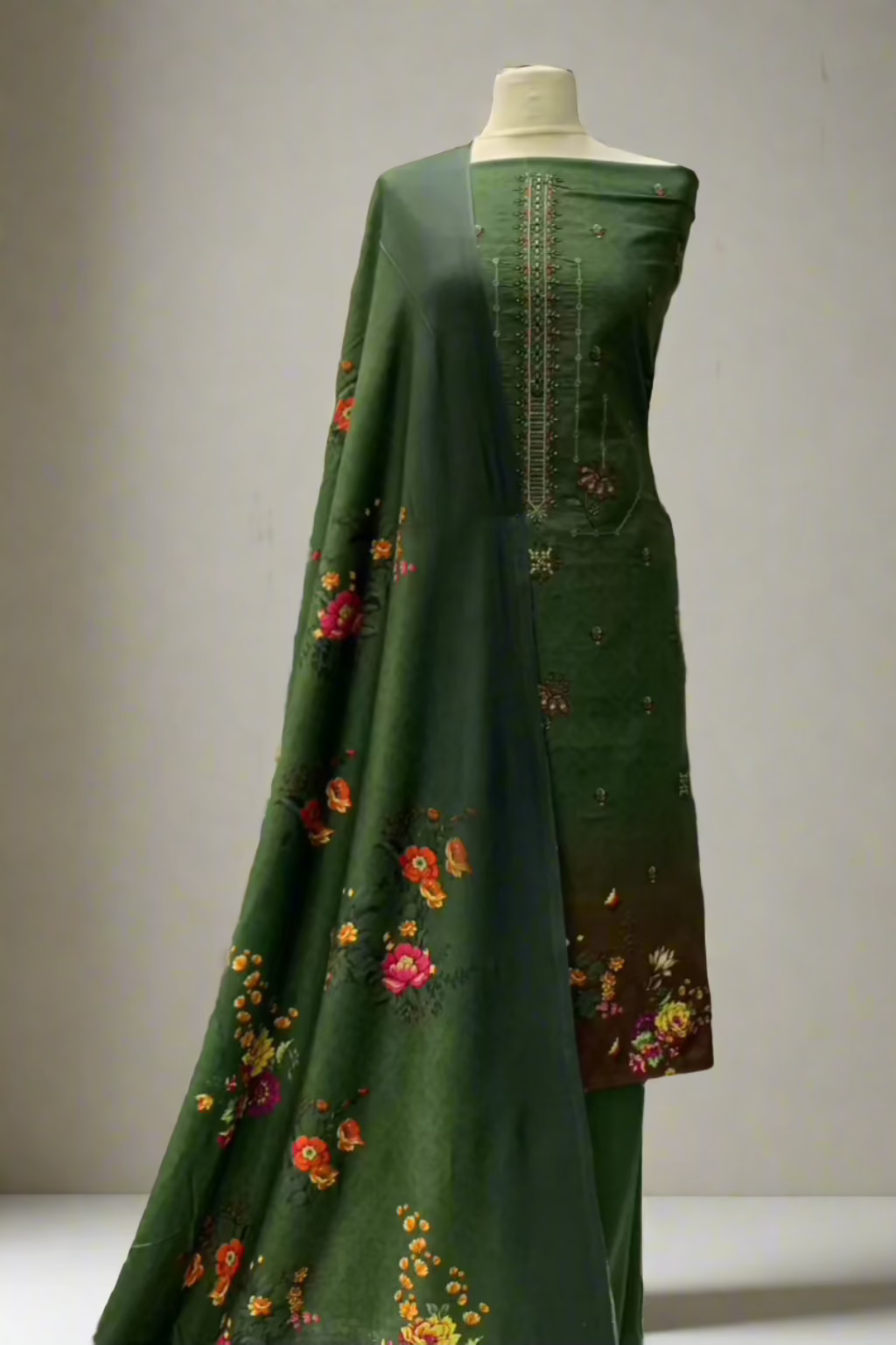 JN1 Floral Embroidery Printed Linen 3pc Unstitched Suit