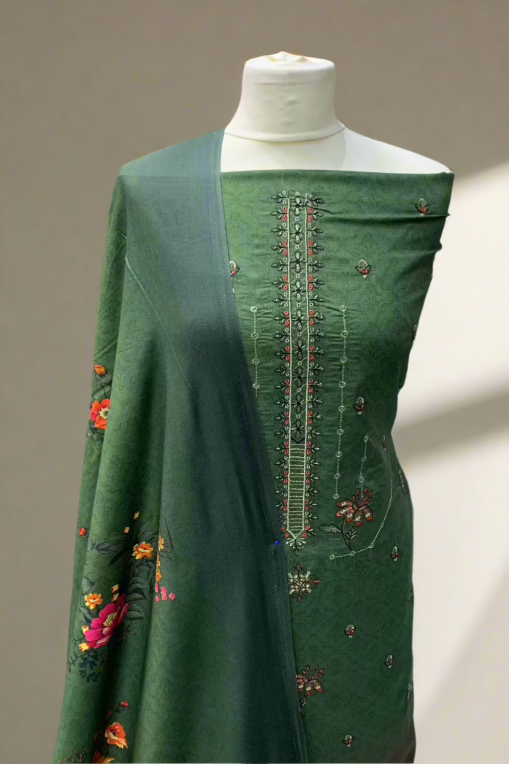 JN1 Floral Embroidery Printed Linen 3pc Unstitched Suit