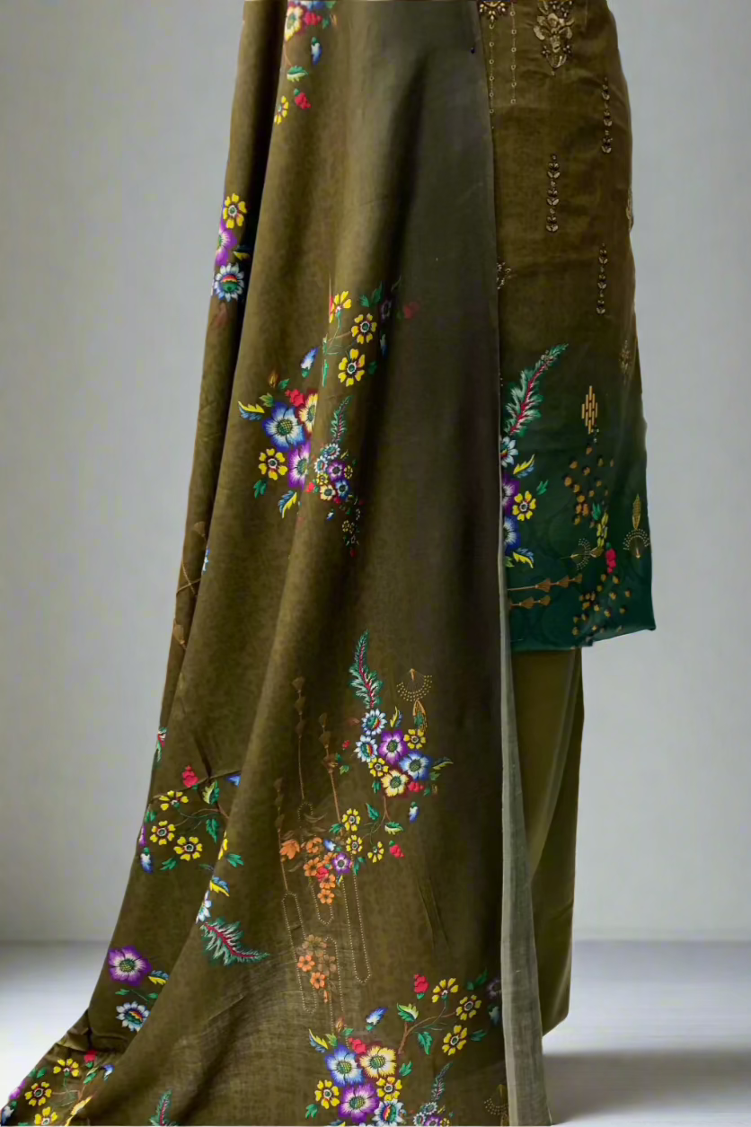 JN1 Floral Embroidery Printed Linen 3pc Unstitched Suit