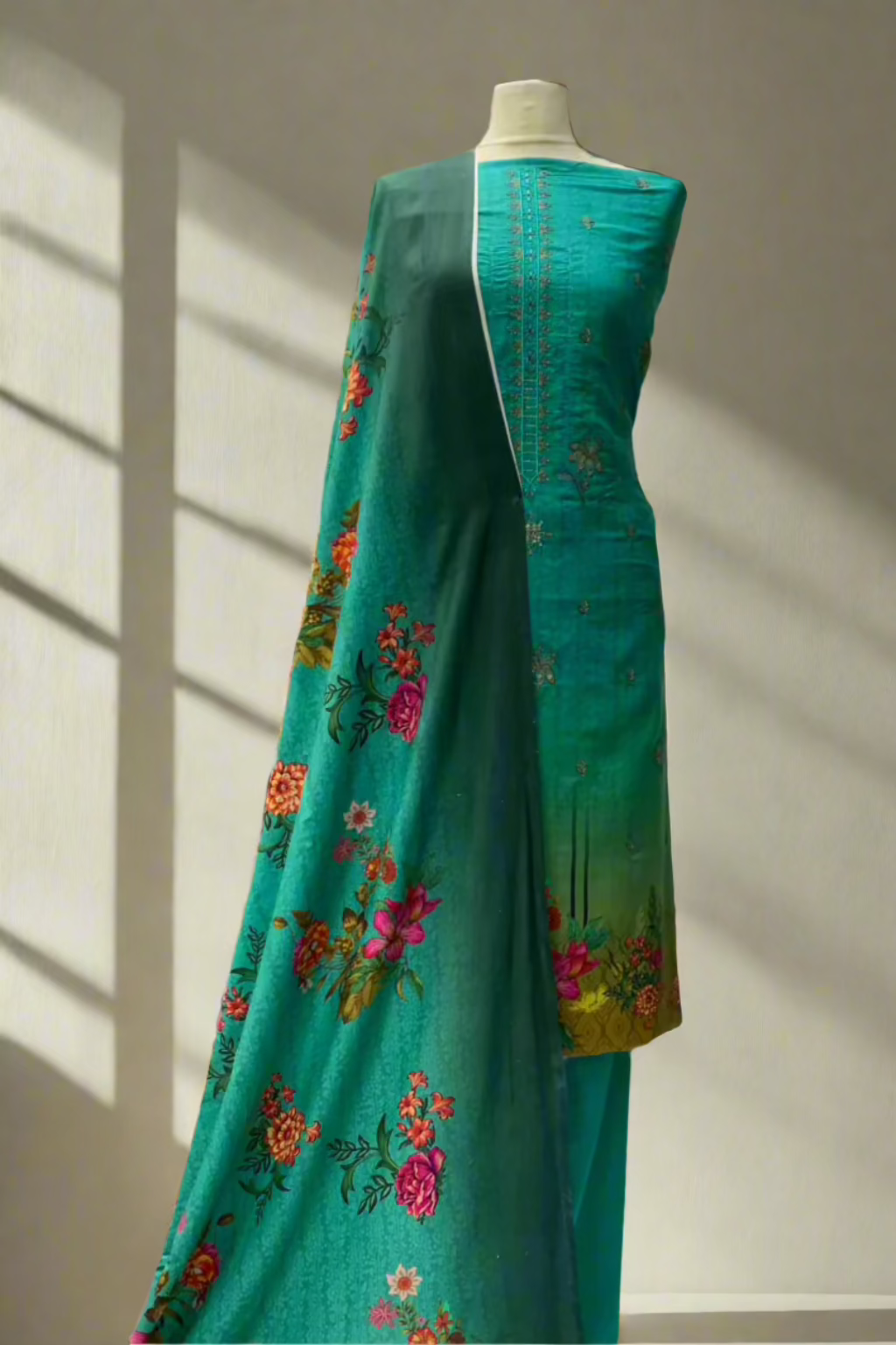 JN1 Floral Embroidery Printed Linen 3pc Unstitched Suit