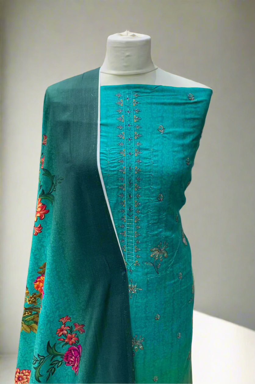 JN1 Floral Embroidery Printed Linen 3pc Unstitched Suit
