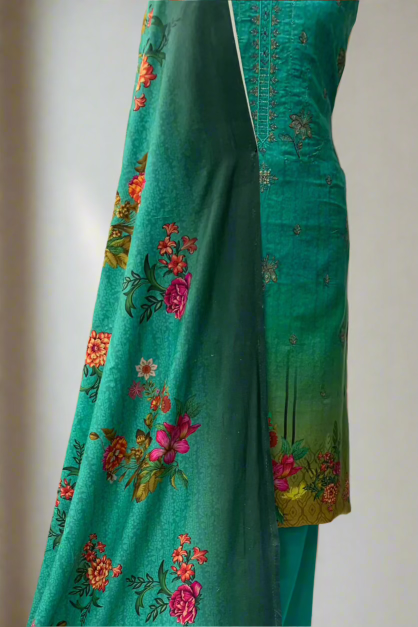 JN1 Floral Embroidery Printed Linen 3pc Unstitched Suit