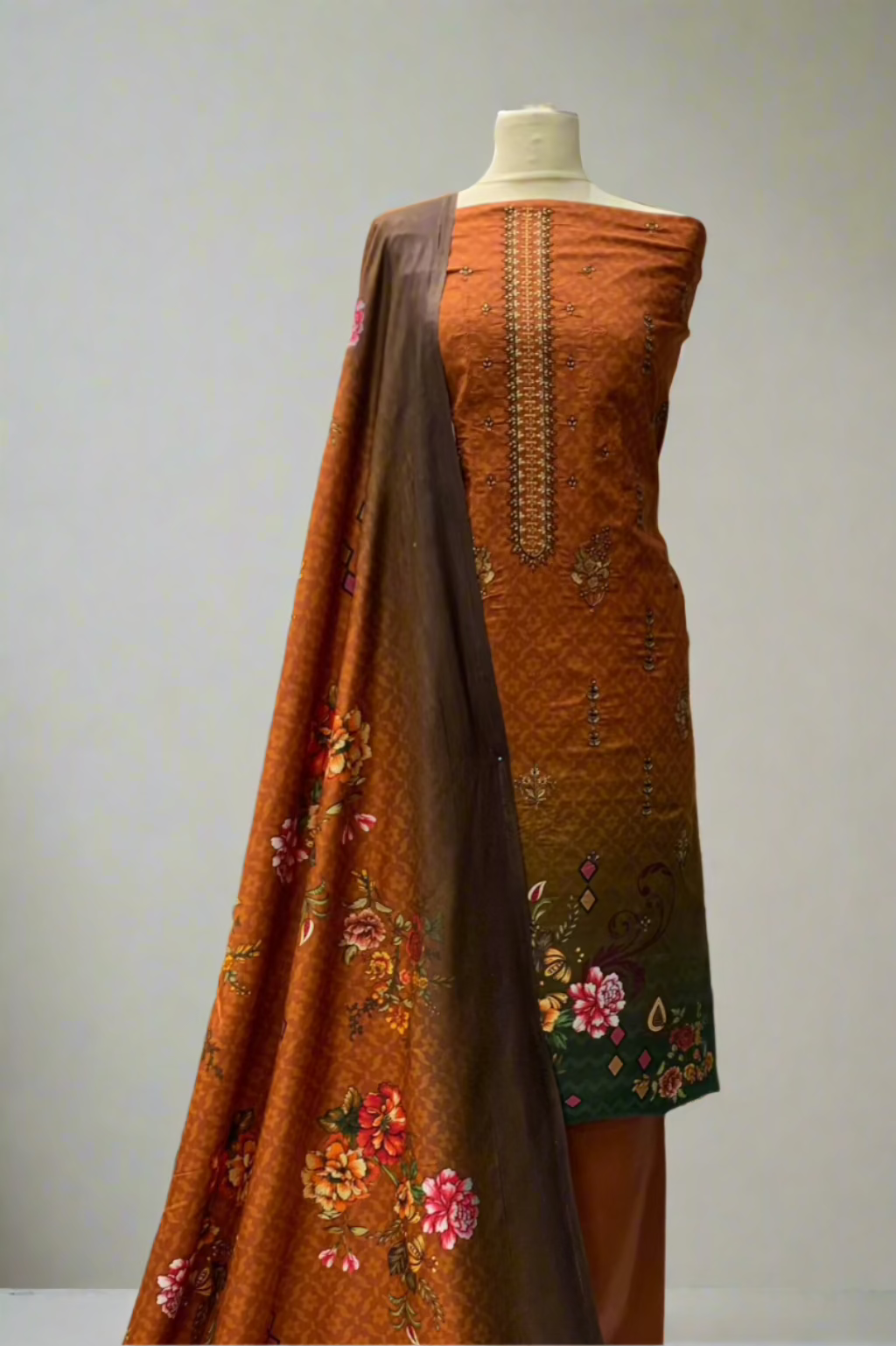 JN1 Floral Embroidery Printed Linen 3pc Unstitched Suit