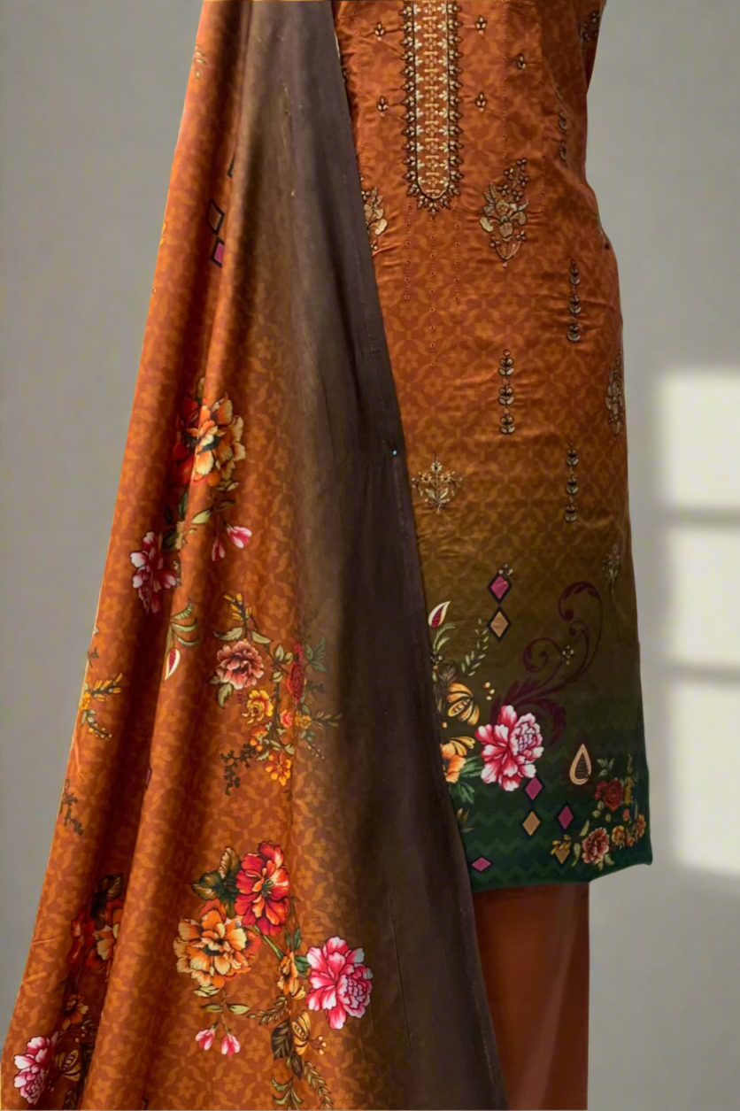 JN1 Floral Embroidery Printed Linen 3pc Unstitched Suit