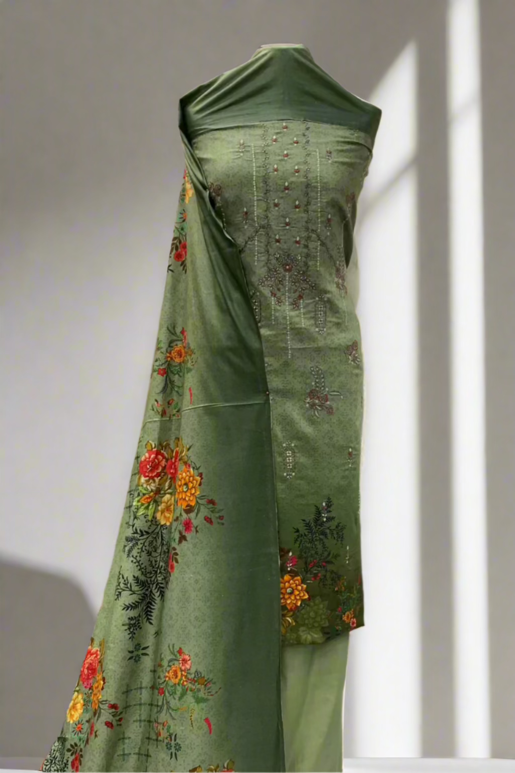 JN1 Floral Embroidery Printed Linen 3pc Unstitched Suit