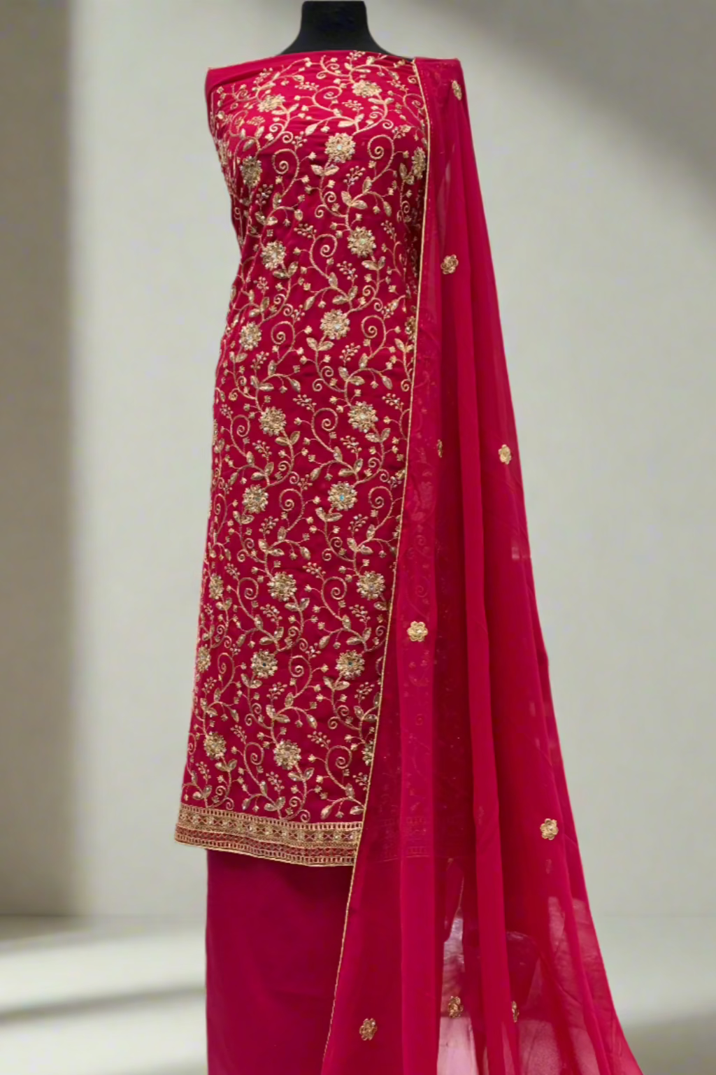 1388 Gold Embroidery Chiffon 4pc Unstitched Party Suit