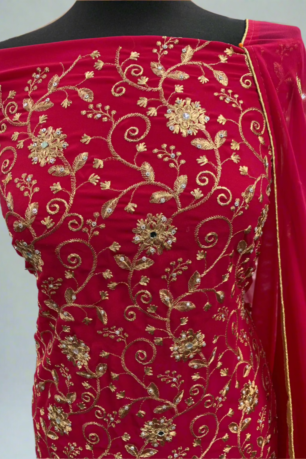 1388 Gold Embroidery Chiffon 4pc Unstitched Party Suit