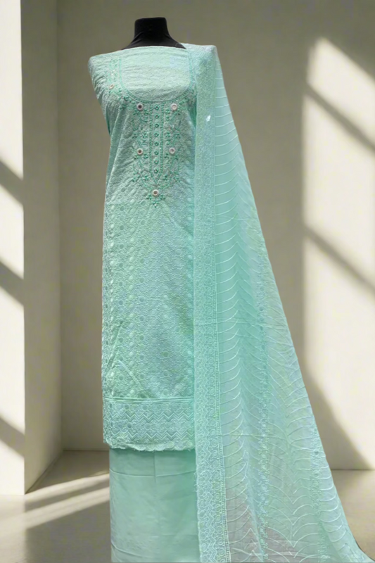 10762 Floral Chikenkari Cotton 3pc Unstitched Suit