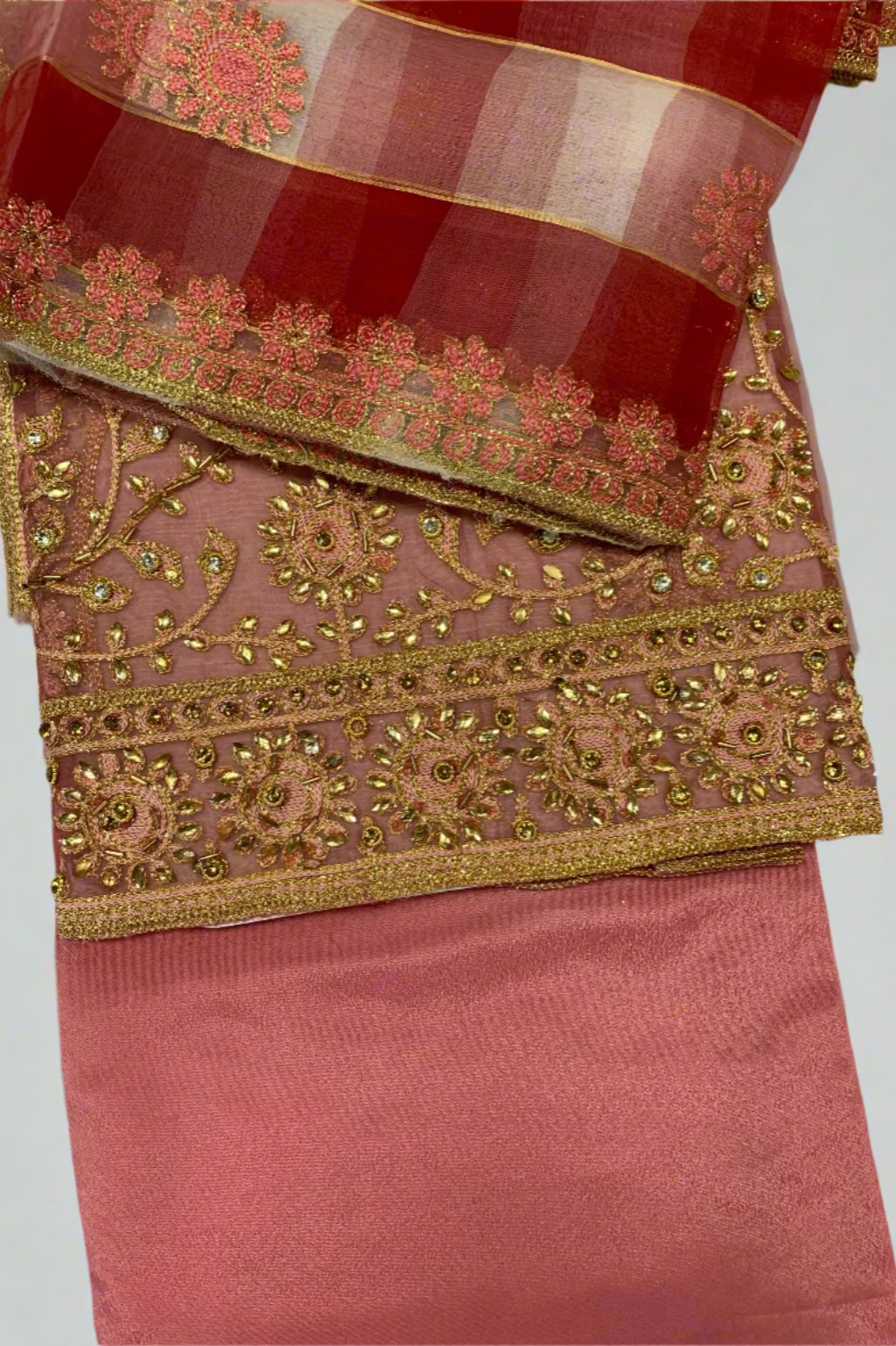 D101 Gold Embroidery Organza 4pc Unstitched Party Suit