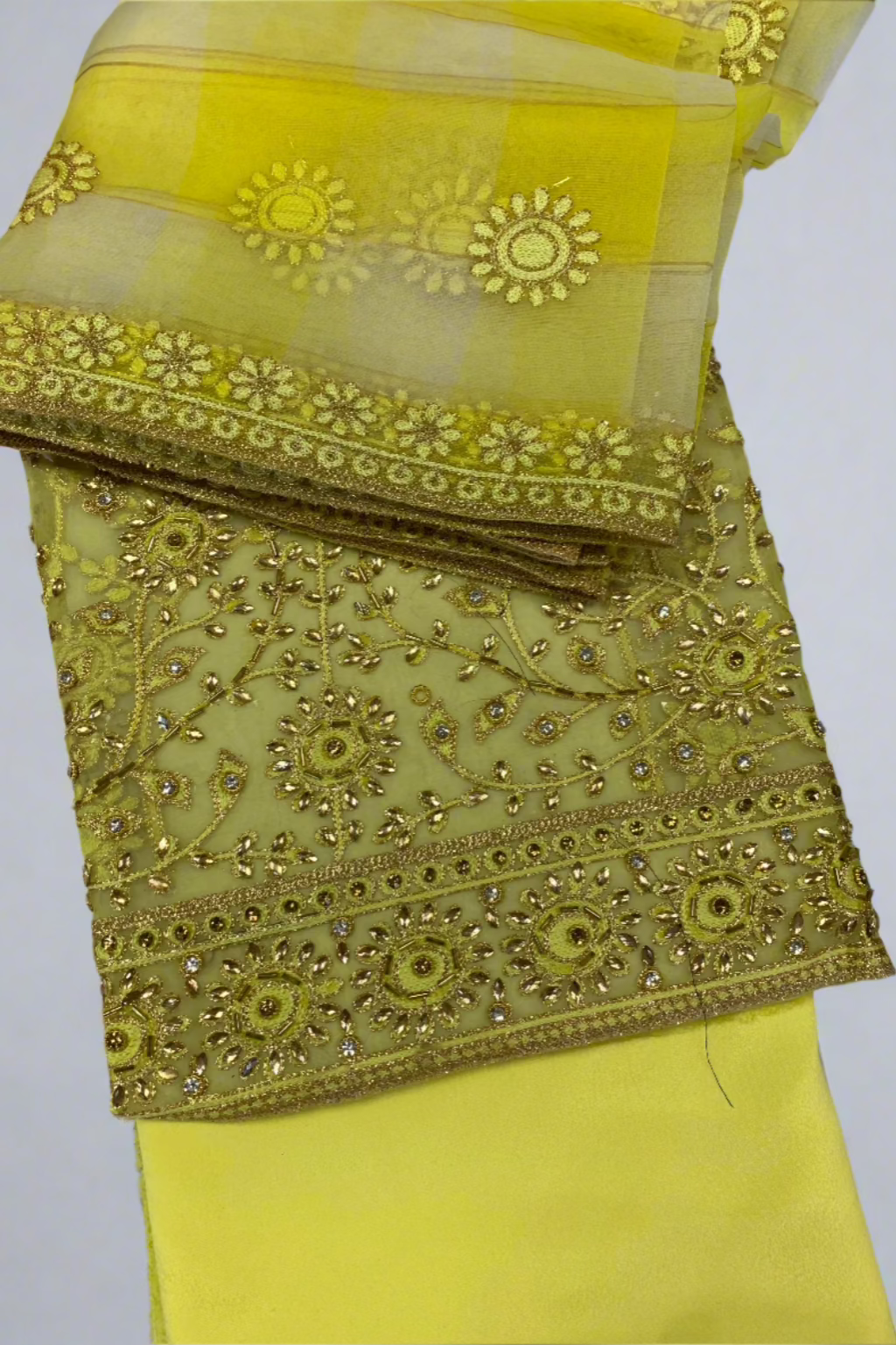 D101 Gold Embroidery Organza 4pc Unstitched Party Suit