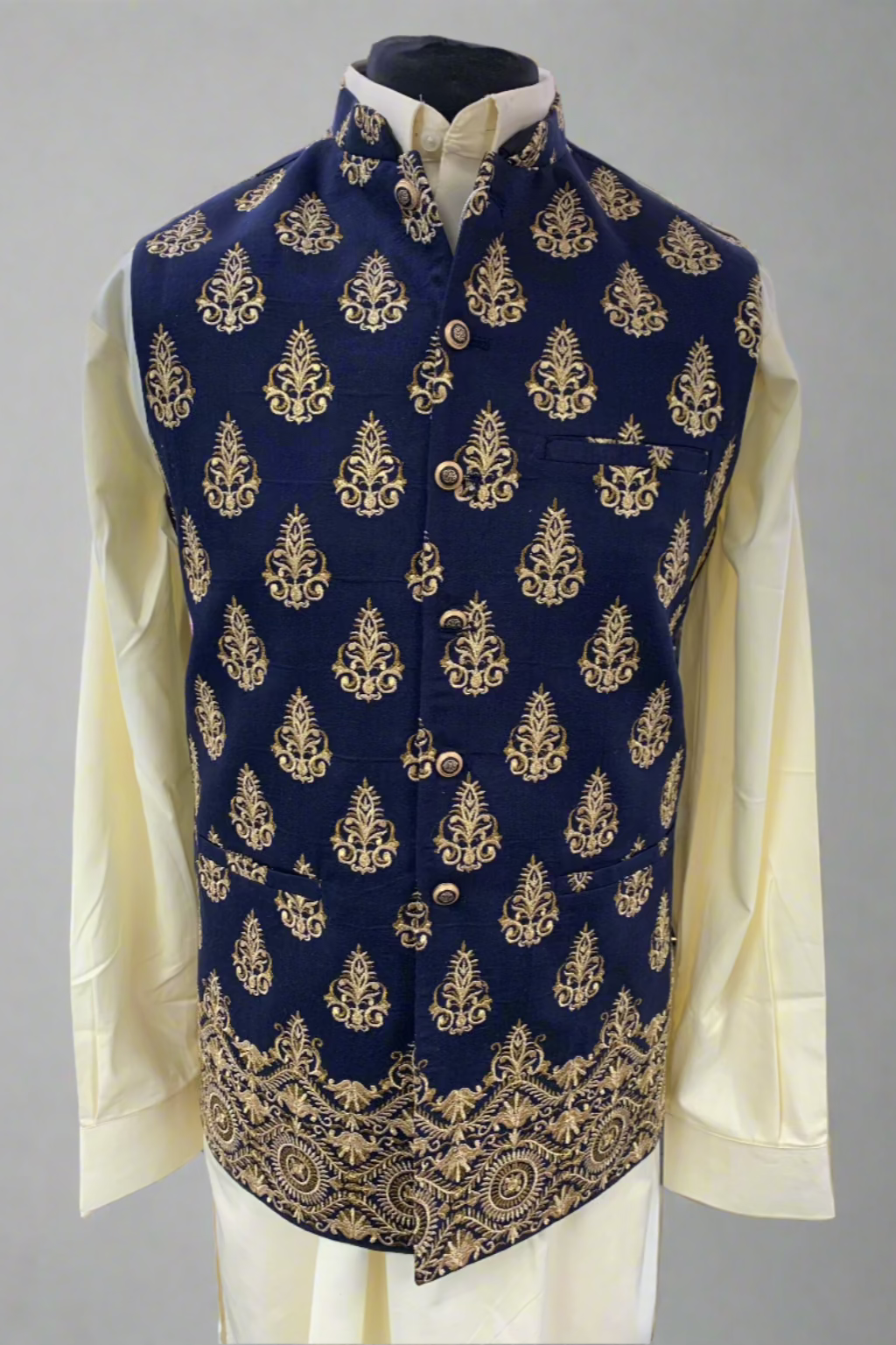 MW6 Men's Fashion Navy Blue Embroidered Banarsi Waistcoat
