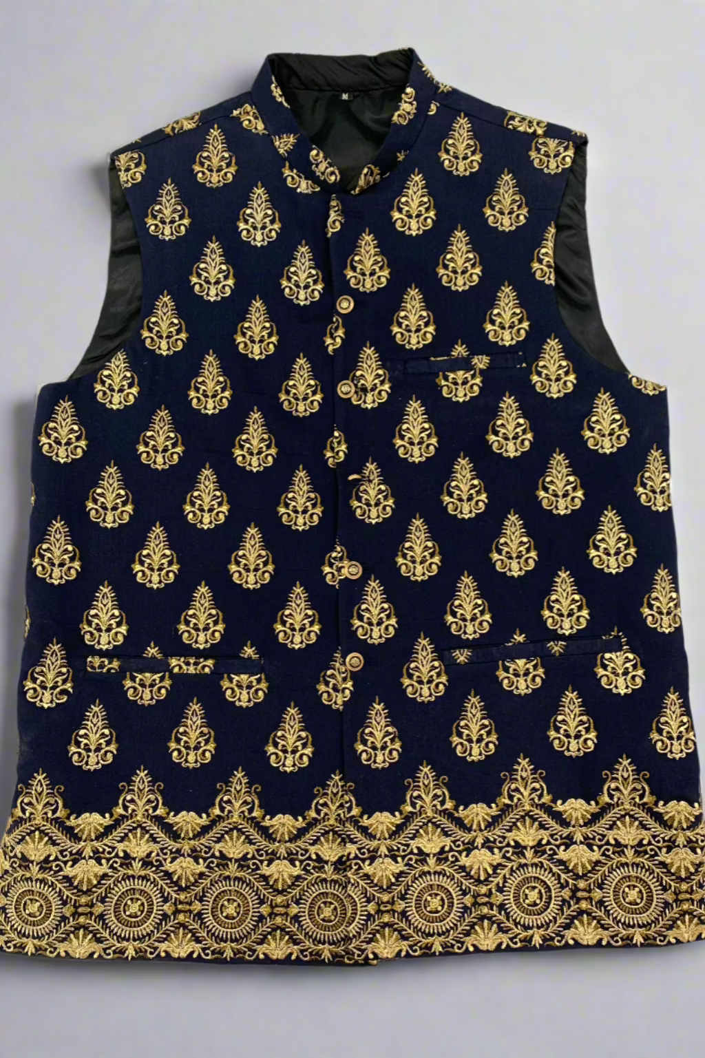 MW6 Men's Fashion Navy Blue Embroidered Banarsi Waistcoat