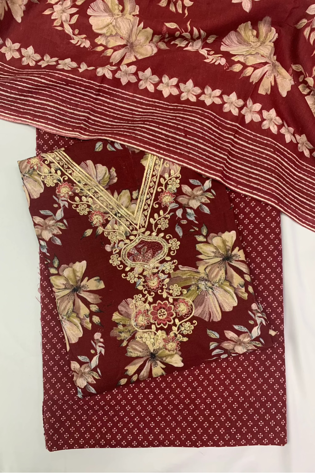 9841 Embroidered Neckline Floral Cotton 3pc Unstitched Suit