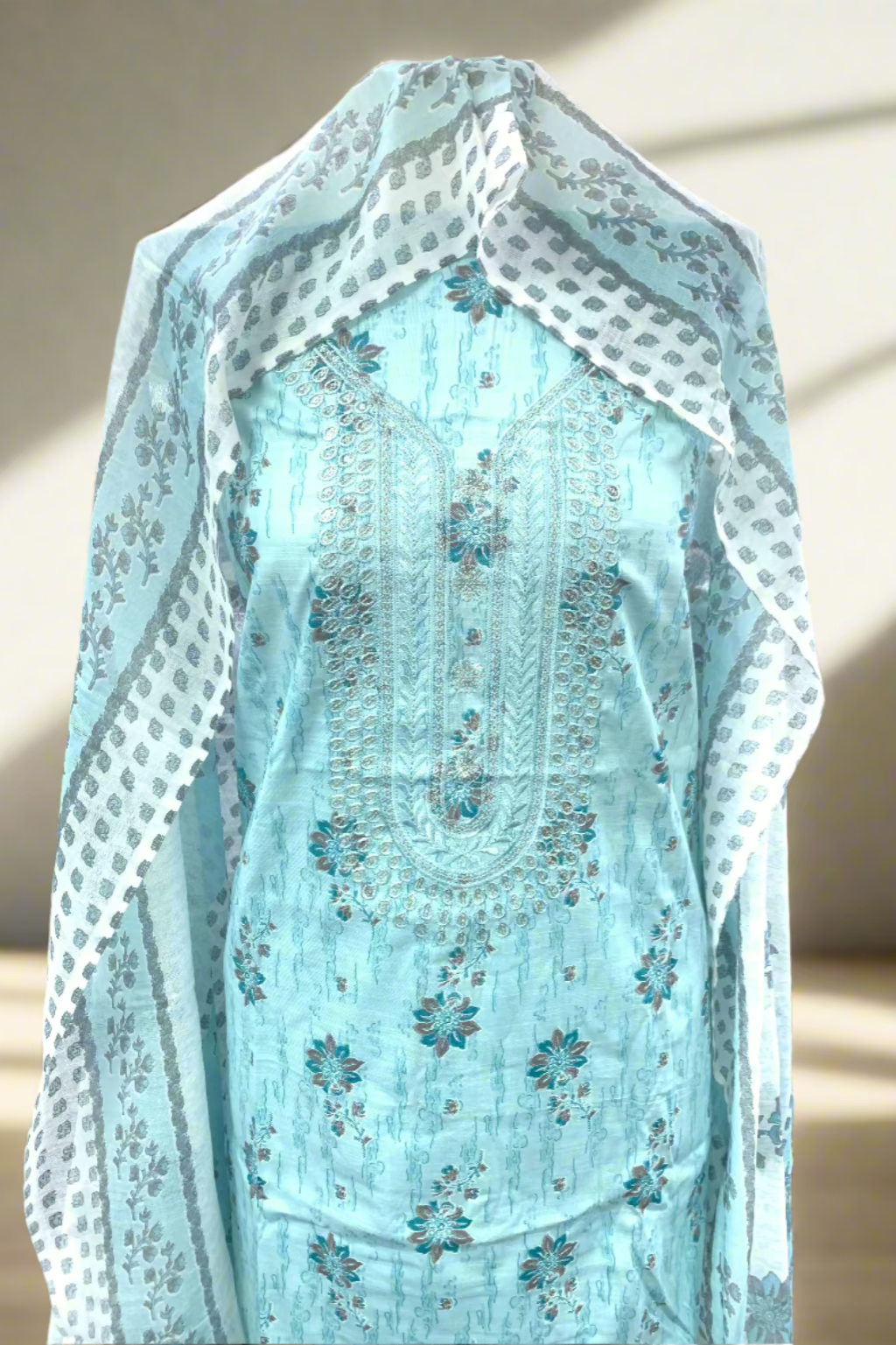 9905 Floral Print Embroidery Neckline Cotton 3pc Unstitched Suit