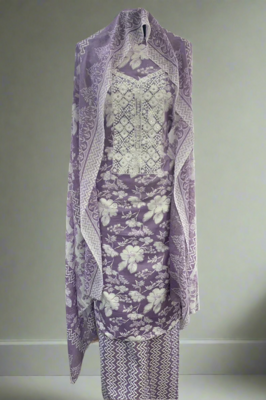 10162 Flower Print 3pc Cotton Suit with Embroidered Neckline