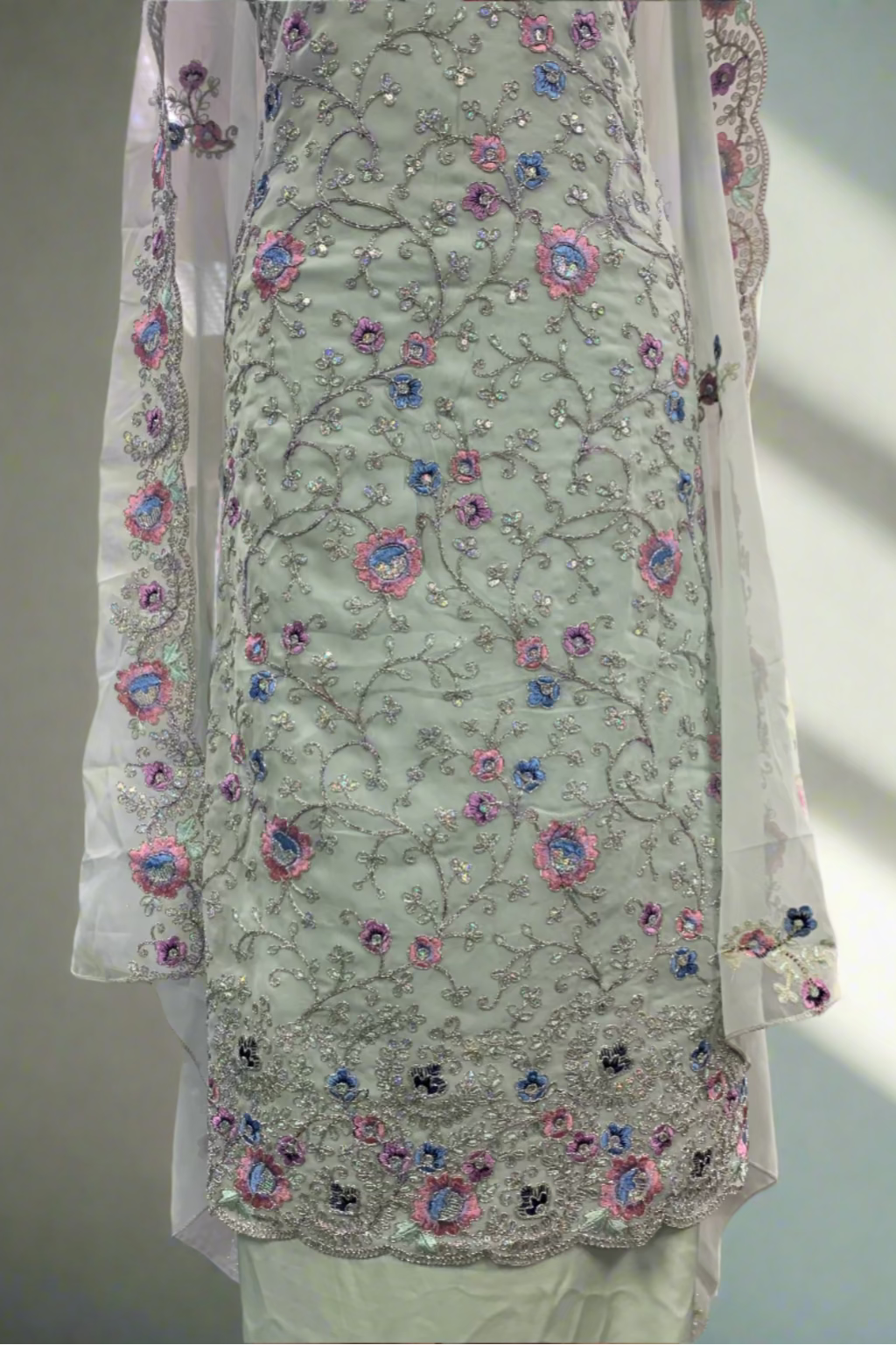 510 Silver Embroidered 4pc Net Suit with Sequins