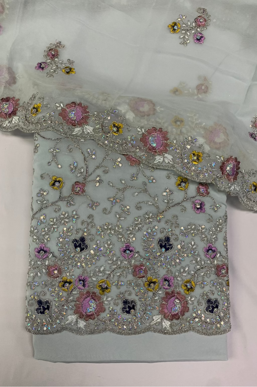510 Silver Embroidered 4pc Net Suit with Sequins