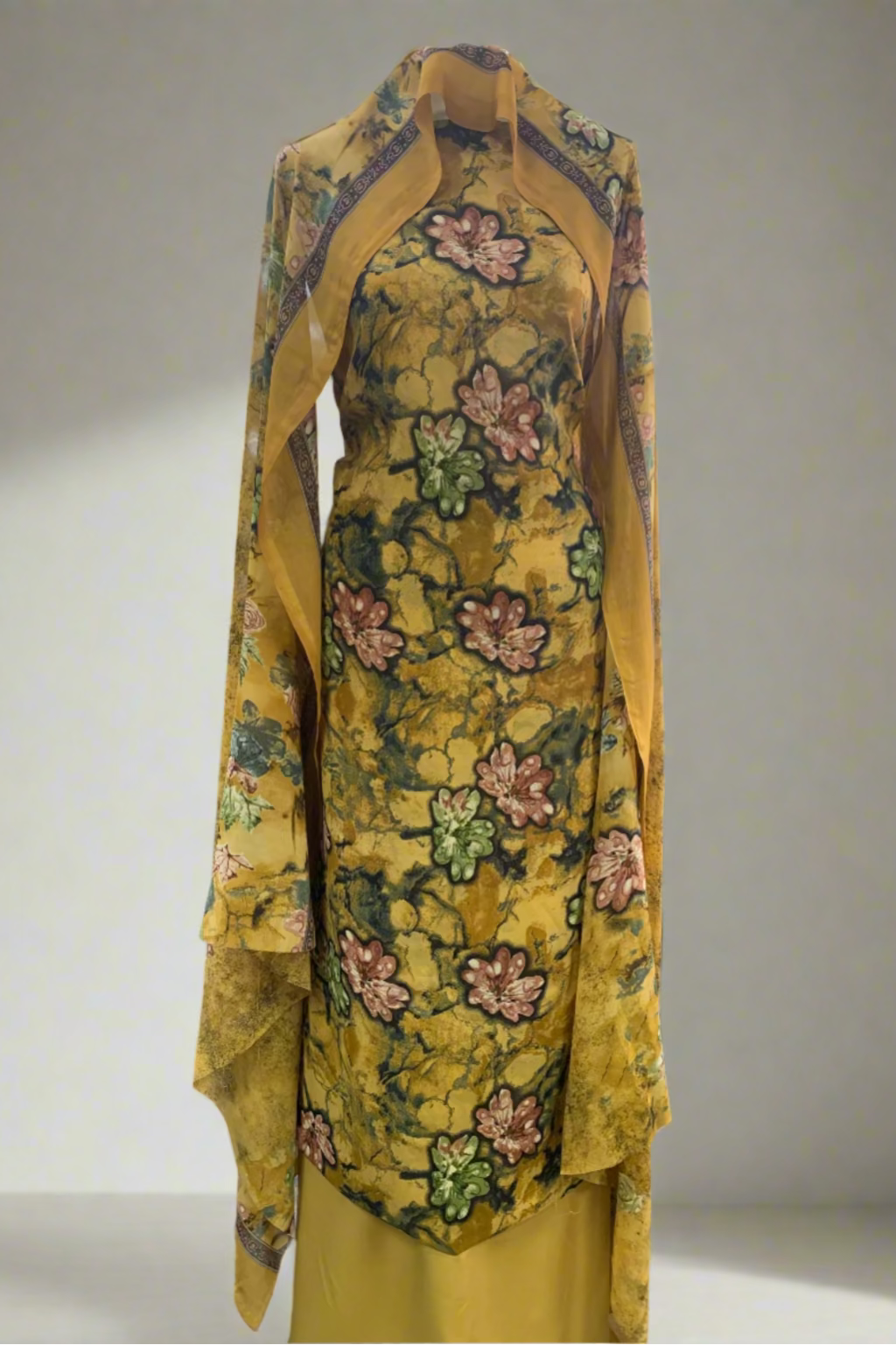 326 Flower Print 4pc Unstitched Chiffon Suit