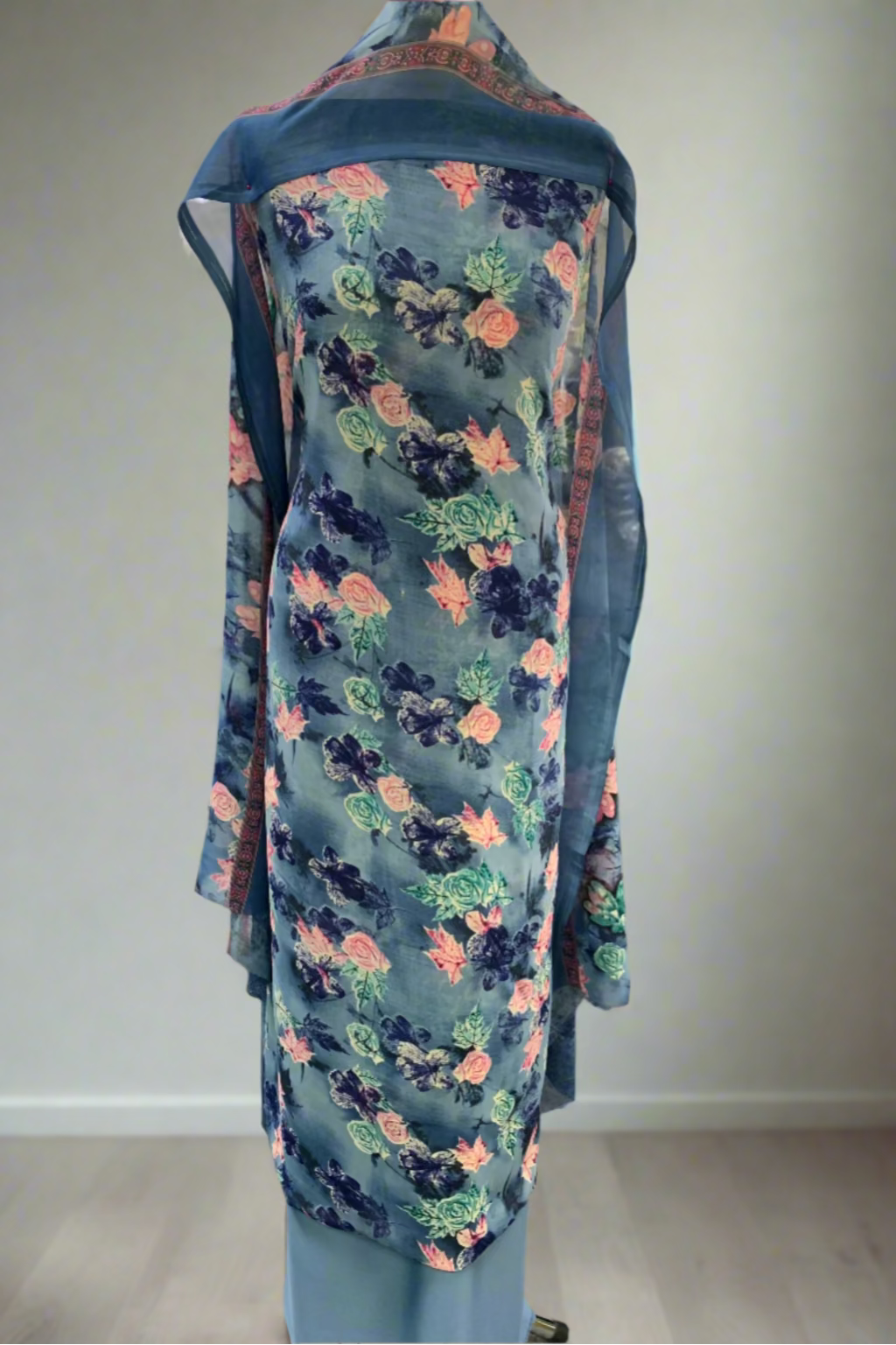 327 Flower Print 4pc Unstitched Chiffon Suit