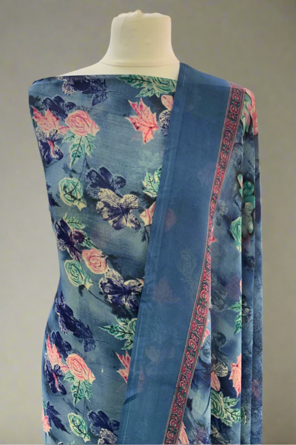 Floral fabric on a mannequin in a store setting