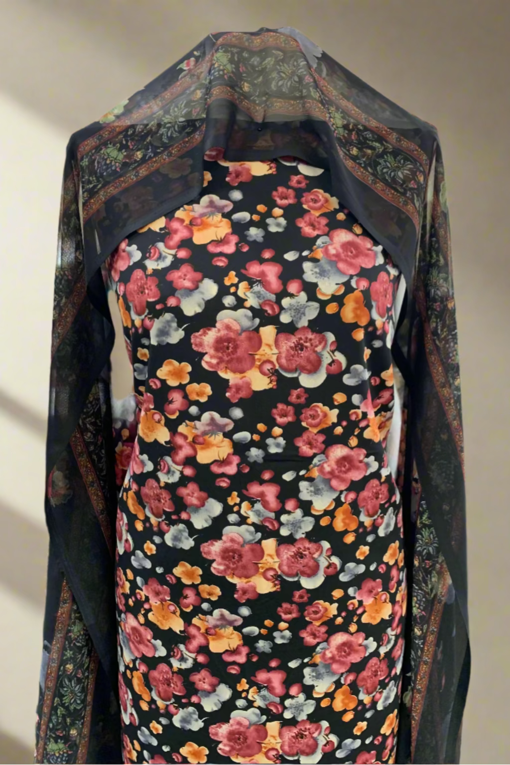 331 Flower Print 3pc Unstitched Crepe Suit