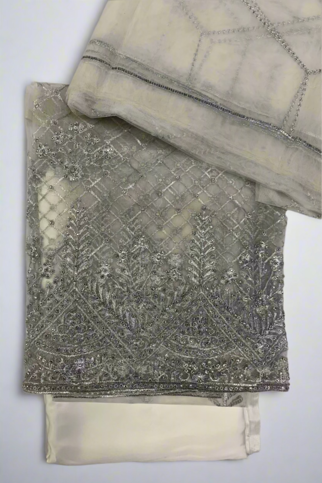 1059 Silver Embroidery & Diamante 4pc Net Suit