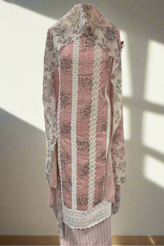 13051 Flower Print 3pc Cotton Suit with Embroidery Border
