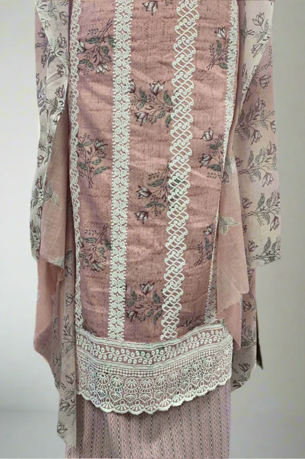 13051 Flower Print 3pc Cotton Suit with Embroidery Border