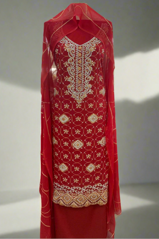 1351 Gold Embroidery & Diamante 4pc Net Suit