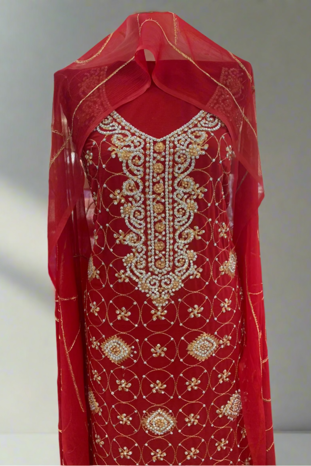 1351 Gold Embroidery & Diamante 4pc Net Suit