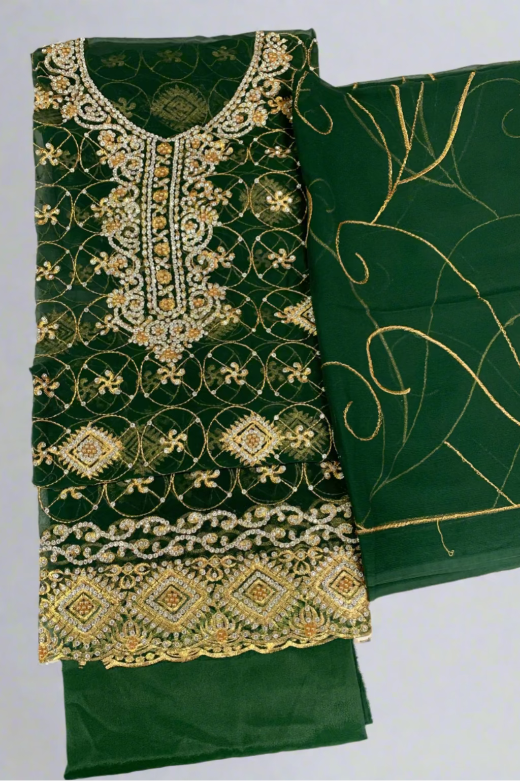 1351 Gold Embroidery & Diamante 4pc Net Suit