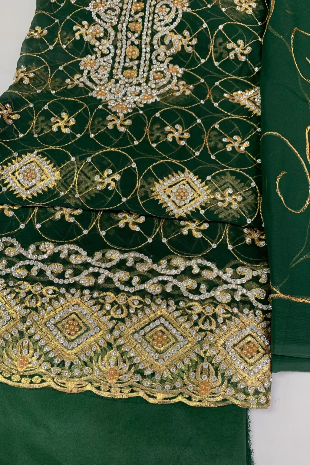 1351 Gold Embroidery & Diamante 4pc Net Suit