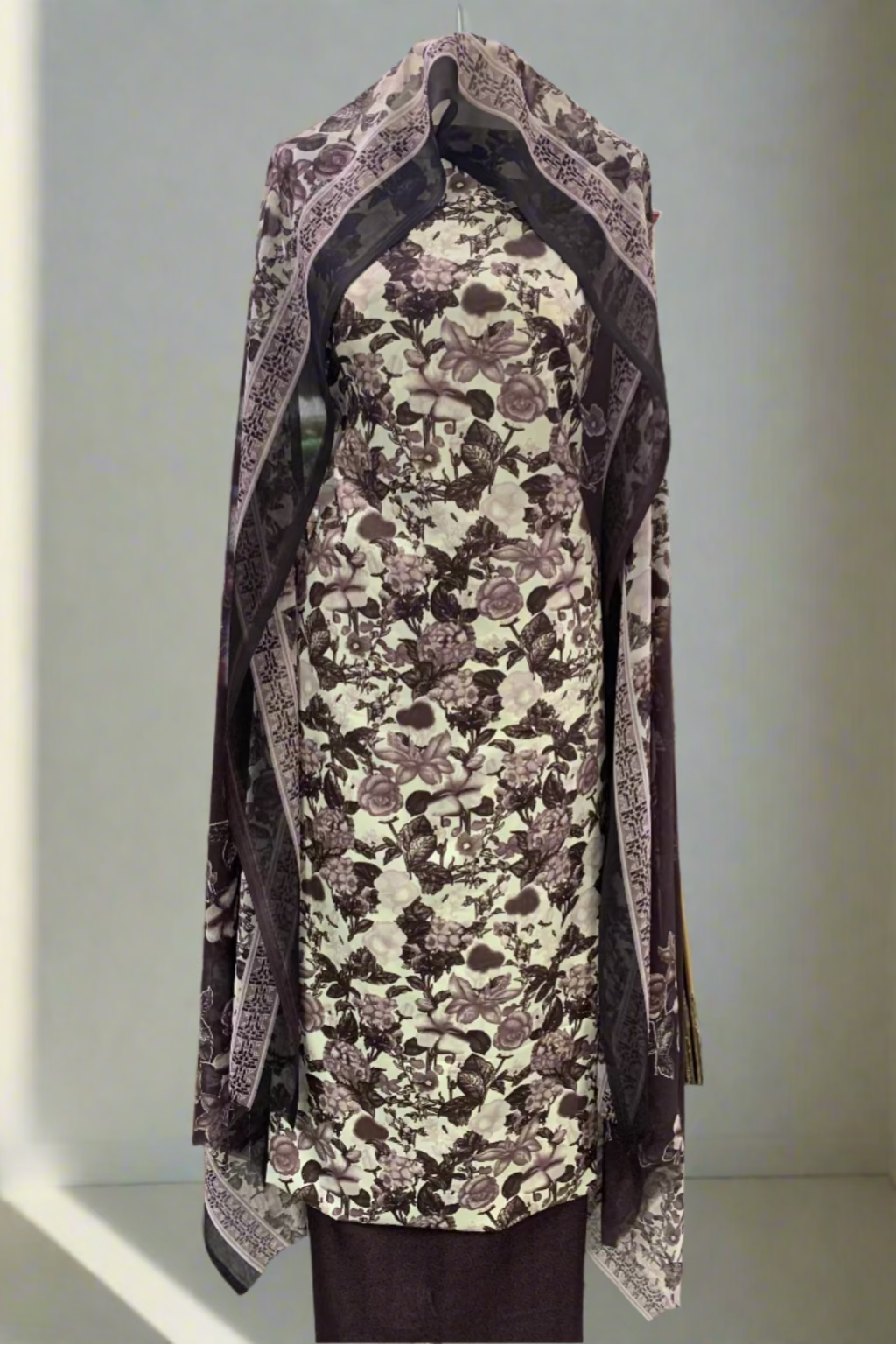 D163 Floral Print 3pc Unstitched Crepe Suit