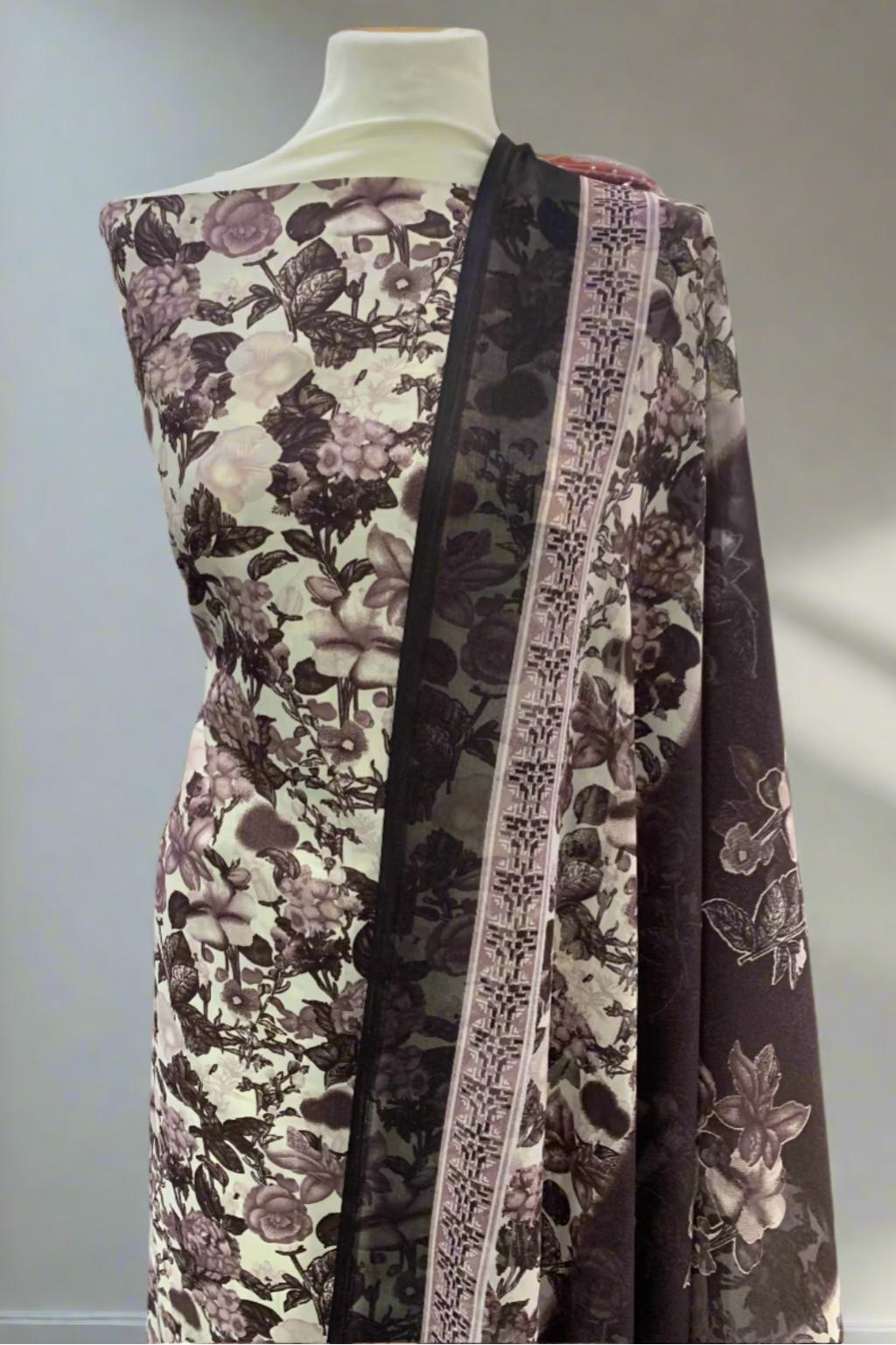 D163 Floral Print 3pc Unstitched Crepe Suit